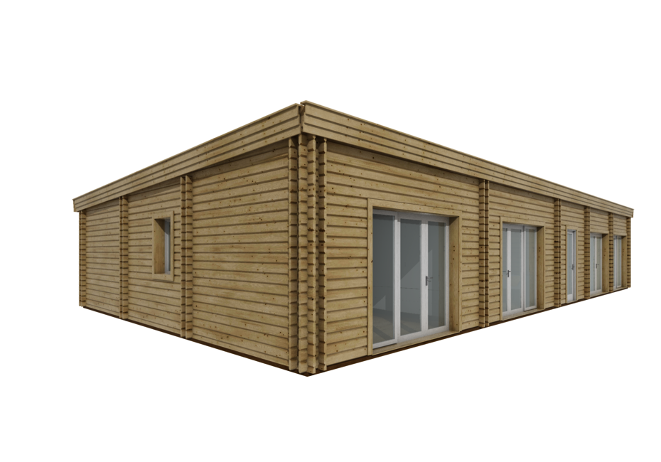 Caleba SRL - Casa di legno abitabile CELESTE 110 m², tetto piano + 33 m² porticato