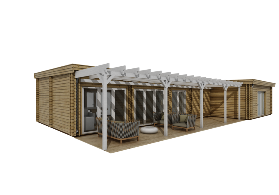 Caleba SRL - Casa di legno abitabile CELESTE 110 m², tetto piano + 33 m² porticato
